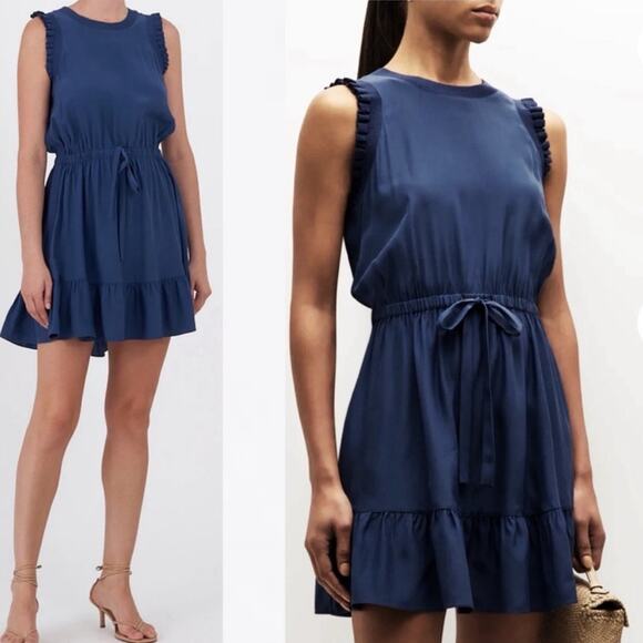 Cinq A Sept Lenora 100% Silk Ruffle Tiered A-Line Mini Navy Blue Dress XS - Picture 1 of 15